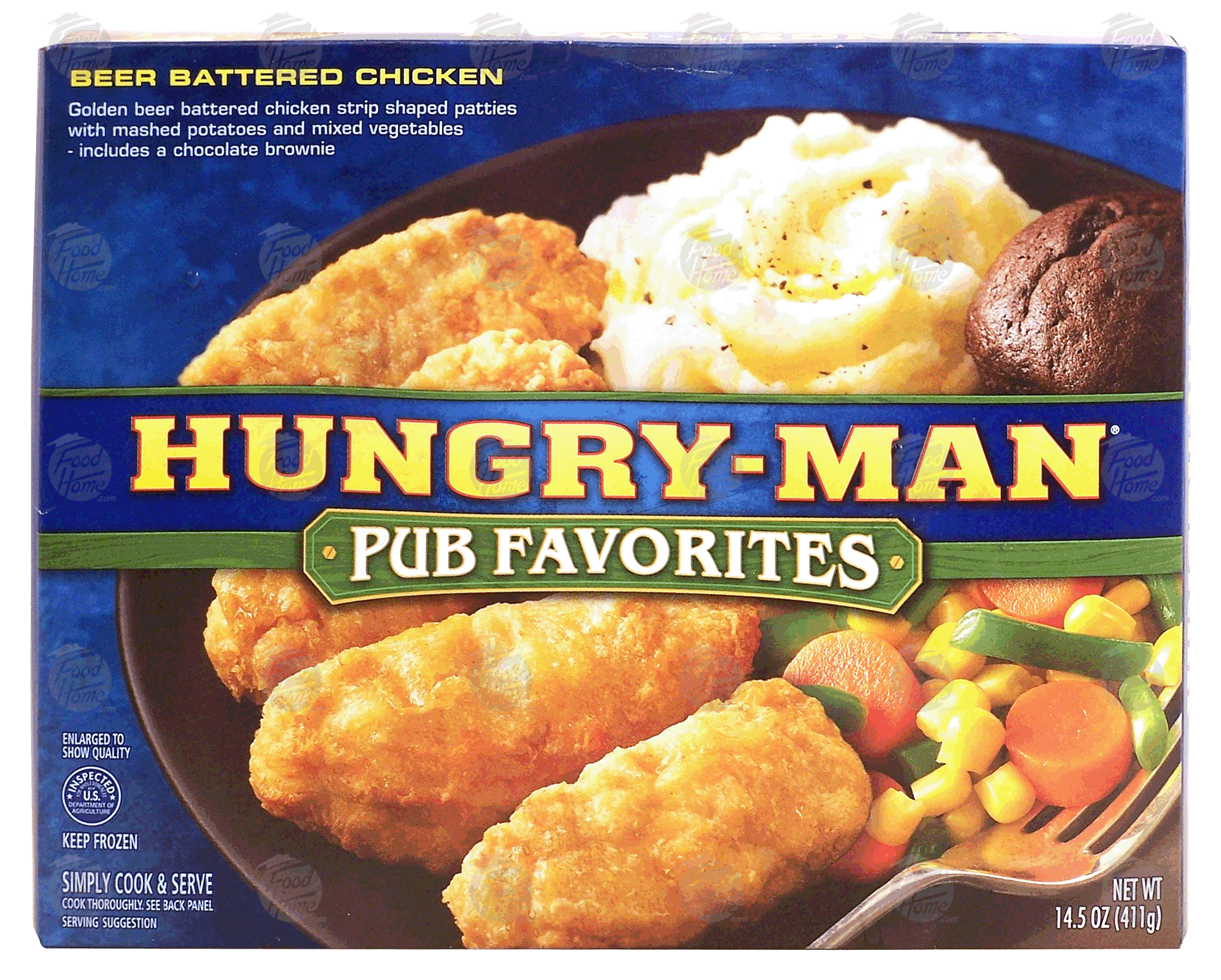 Hungry-Man Pub Favorites beer battered chicken with mashed potatoes and mixed vegetables, includes a chocolate brownie Full-Size Picture